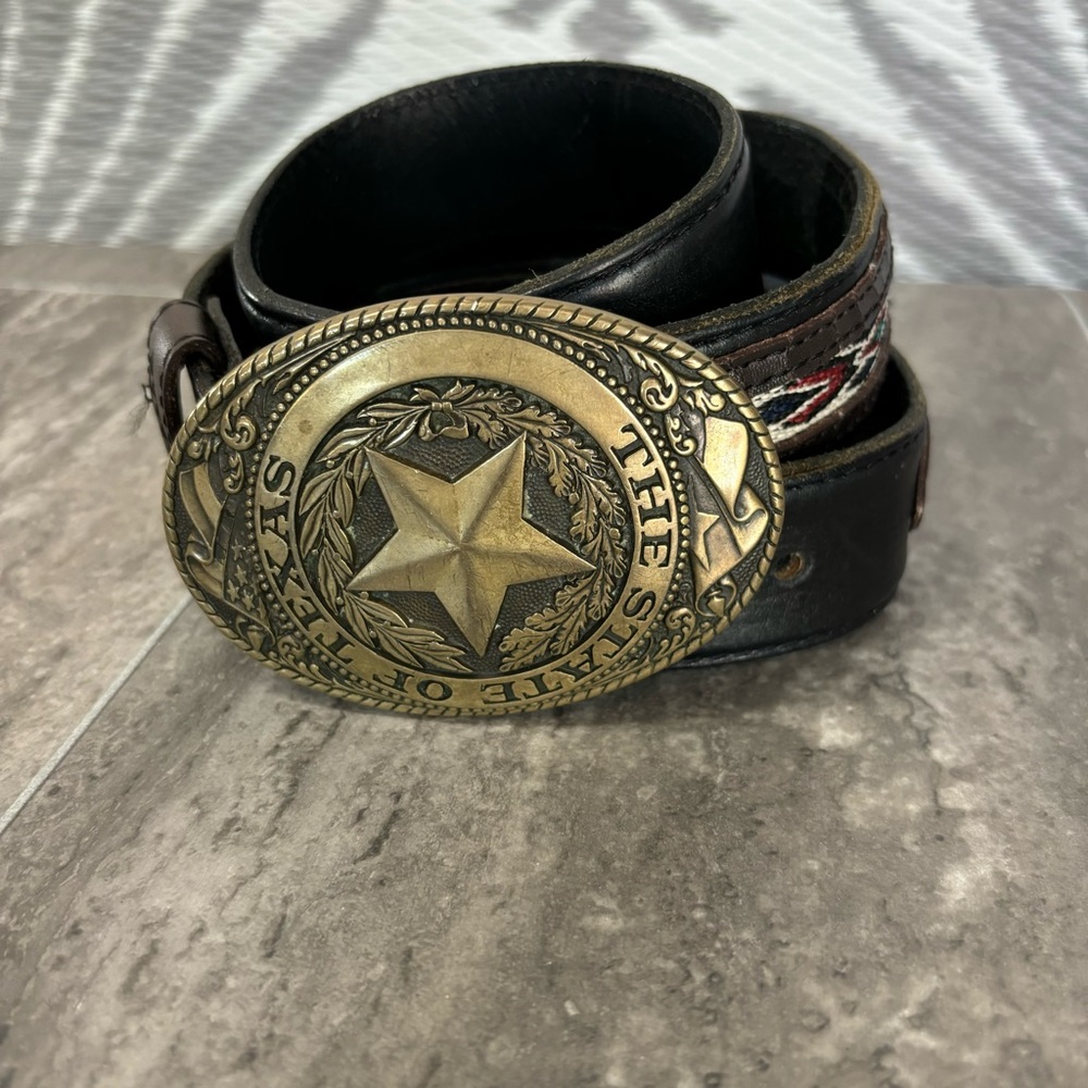 Vtg Tony Lama State of Texas Brass Buckle Western Leather Belt Concho 48” Aztec - Picture 2 of 14